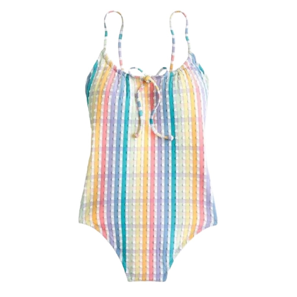 J. Crew ♡ Bow-front one-piece in rainbow seersucker